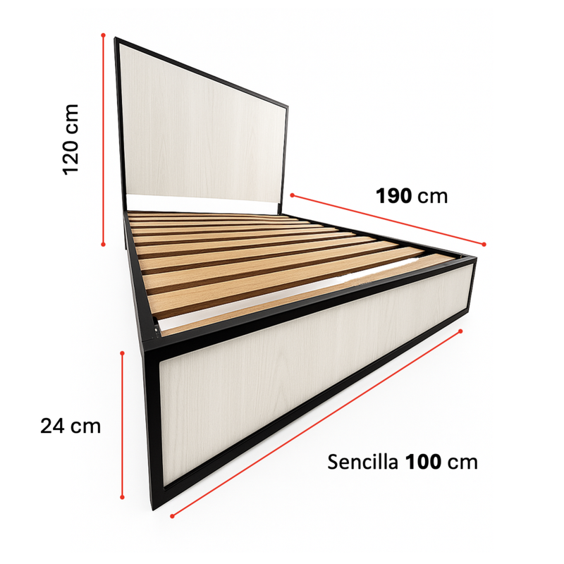 CAMA SENCILLA METAL MADERA AGATA GRIS 100 X 190 X 24/GRIS
