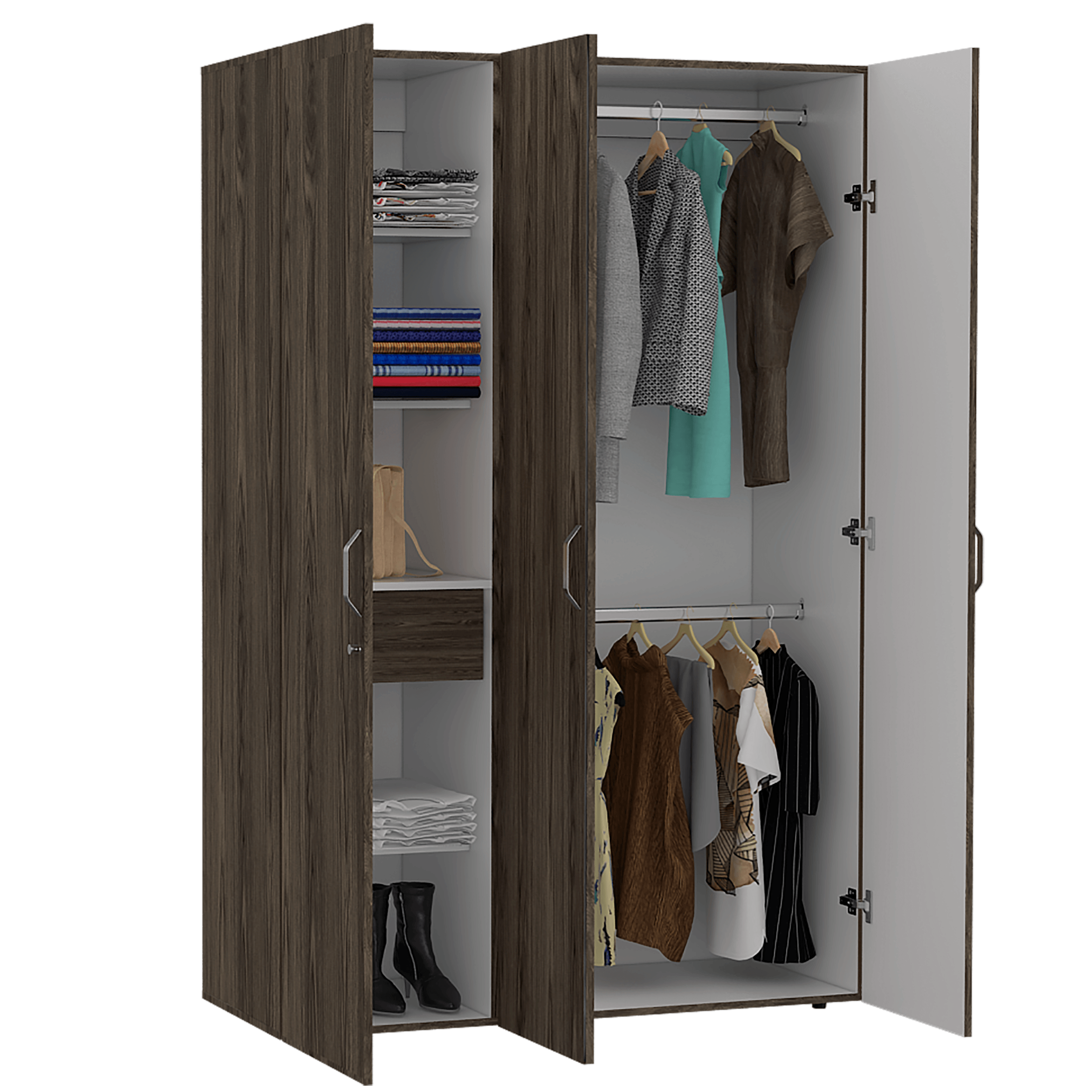 CLOSET ROKO, CHOCOLATE Y BLANCO, CON TRES PUERTAS ABATIBLES CON CERRADURA Y VARIEDAD DE ENTREPAÑOS