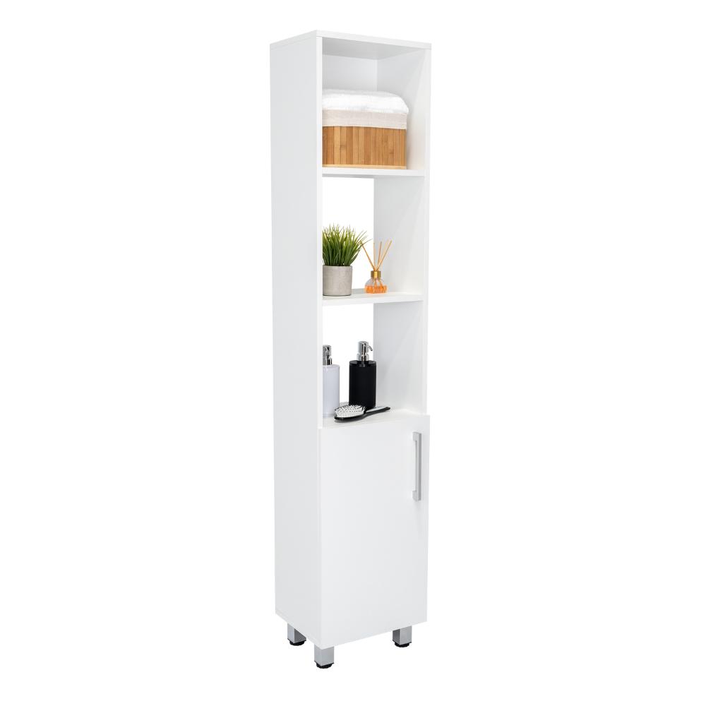 MUEBLE AUXILIAR PARA BAÑO MANCHESTER, BLANCO DUQUEZA, CON MULTIPLES ENTREPAÑOS, PATAS Y MANIJAS METALICAS