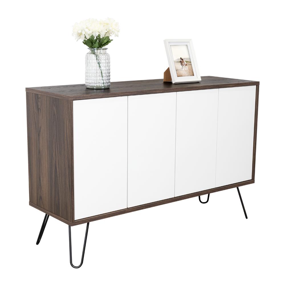 MESA AUXILIAR LARA, CAOBA Y BLANCO, CON VARIOS ENTREPAÑOS Y PATAS METÁLICAS