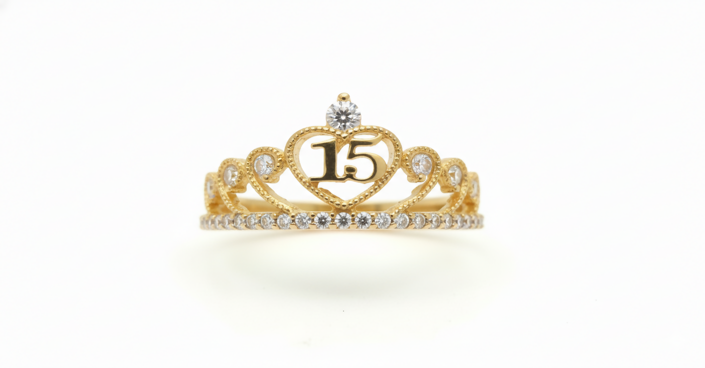 ANILLO DE QUINCE CON PIEDRAS EN CORAZÓN