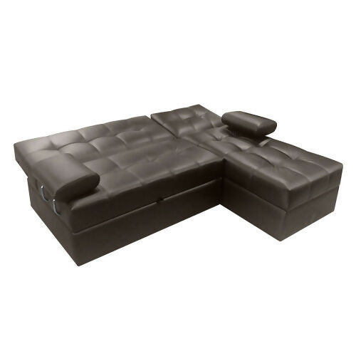 SOFA CAMA ANGELA EN L CON BRAZOS CUERO SINTÉTICO CAFÉ