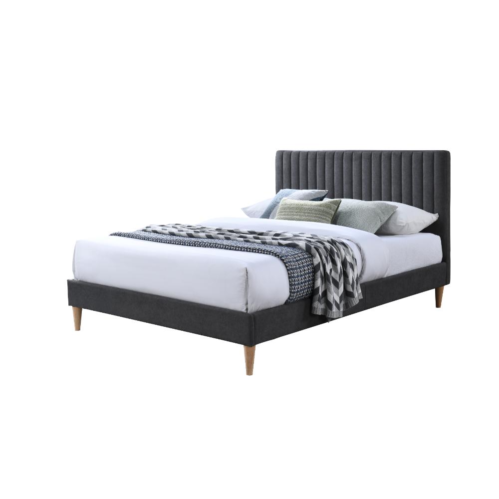 CAMA DOBLE TANIA, GRIS OSCURO, MADERA ROBLE TAPIZADA