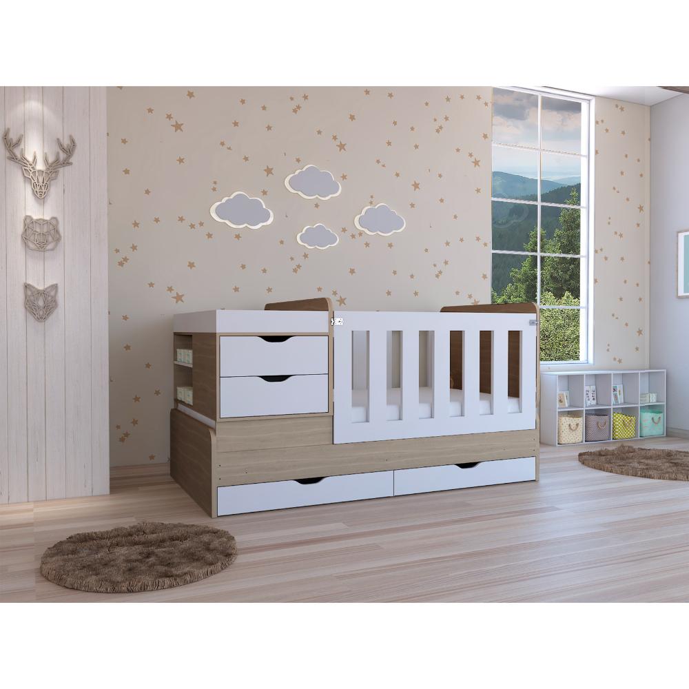 CAMA CORRAL PRAGA, BARDOLINO Y BLANCO, CON DOS CAJONES MULTIUSOS Y BARANDAS DE SEGURIDAD