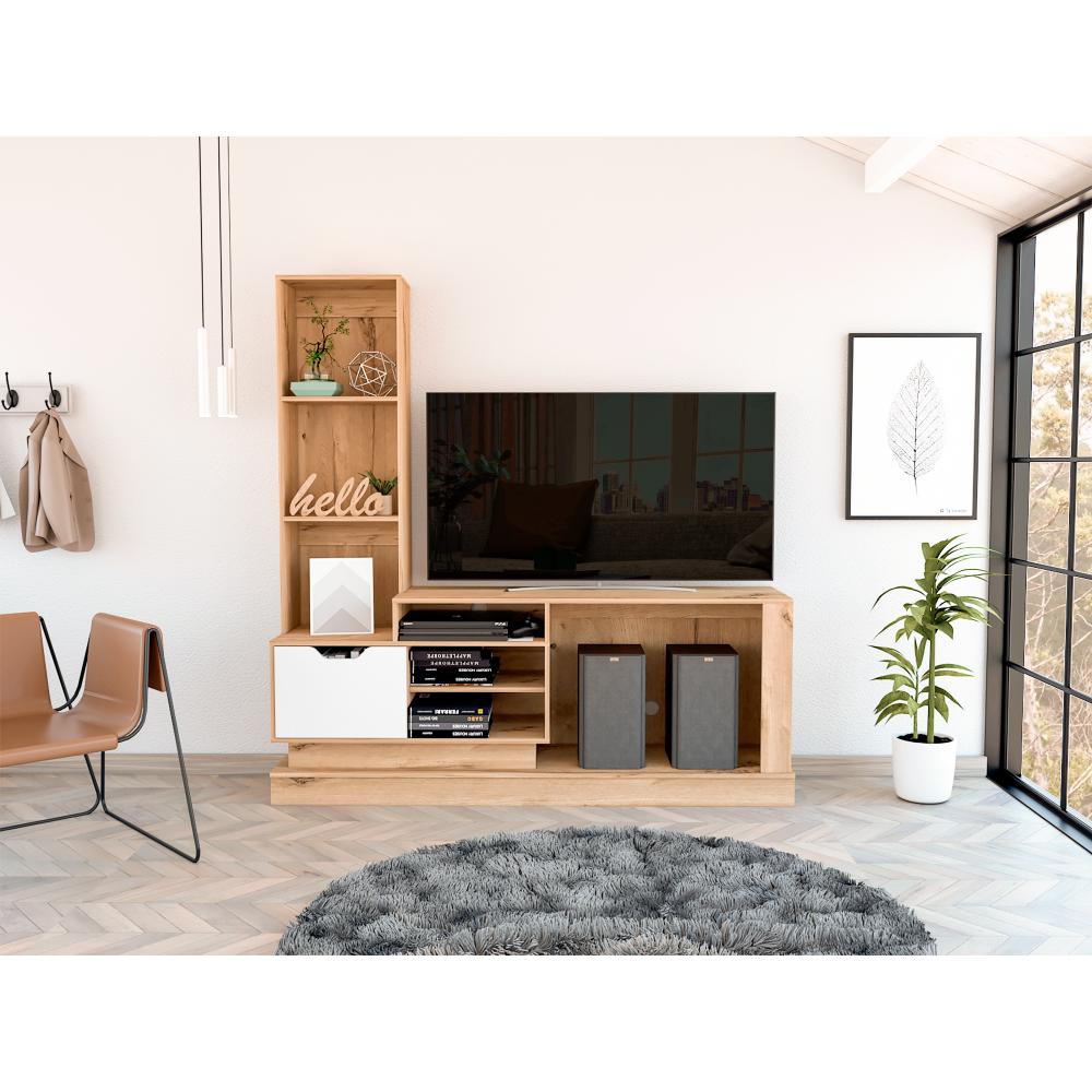 MESA PARA TV FUZE, CAFÉ CLARO Y BLANCO, PARA TELEVISOR PARA 55 PULGADAS