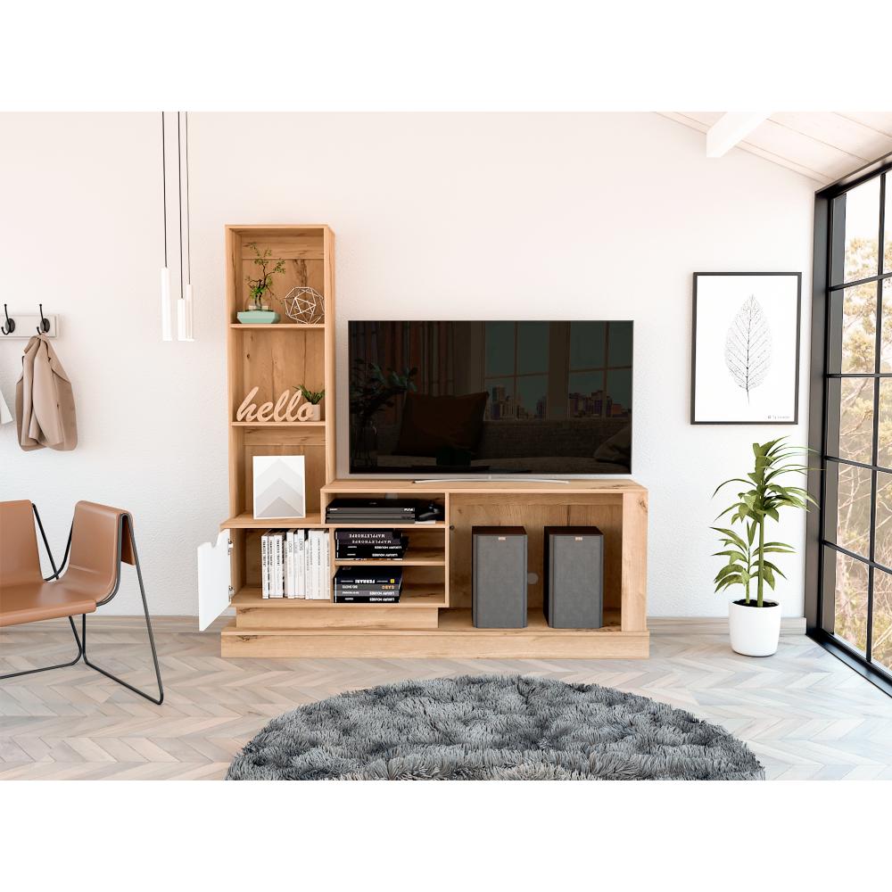 MESA PARA TV FUZE, CAFÉ CLARO Y BLANCO, PARA TELEVISOR PARA 55 PULGADAS