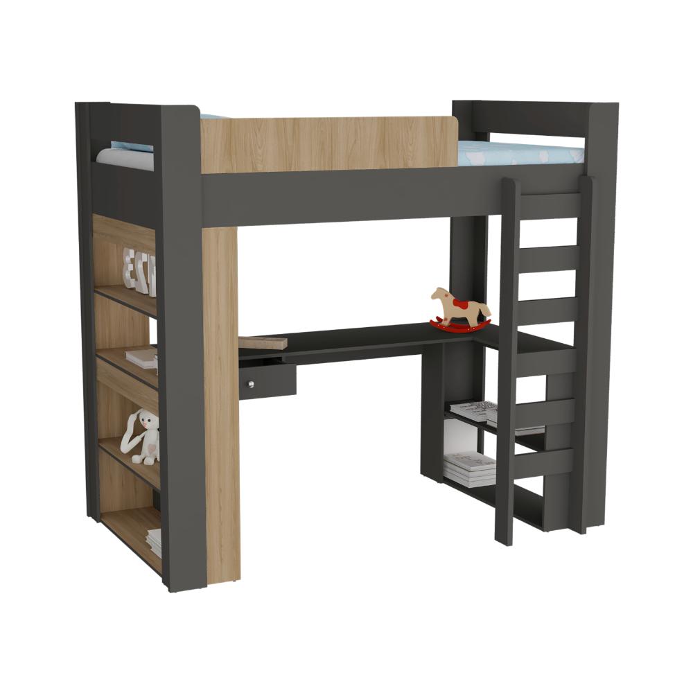 CAMAROTE MULTIFUNCIONAL CORYN, PLATA OSCURO Y FRESNO EUROPEO, CON ESCALERAS FIJAS Y CAJÓN PARA GUARDAR IMPLEMENTOS