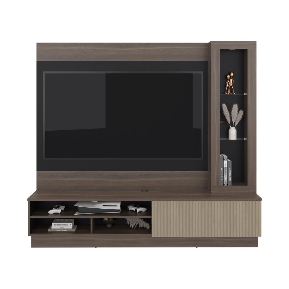 CENTRO DE ENTRETENIMIENTO YAKARTA, MILAN Y ROBLE NATURAL, CON ESPACIO PARA TELEVISOR PARA HASTA 65 PULGADAS Y VARIOS ENTREPAÑOS