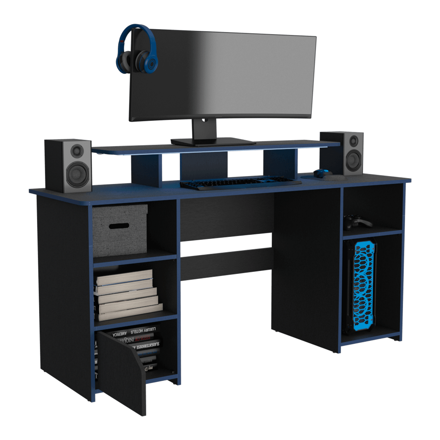 COMBO PARA OFICINA BEL, AZUL Y NEGRO, INCLUYE SILLA Y ESCRITORIO GAMER