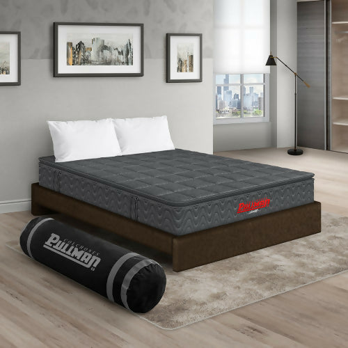 COLCHÓN ORTHOPACK BTU + BASE CAMA + ALMOHADA COLOR GRIS TELA COLOR CAFE 160X190 QUEEN