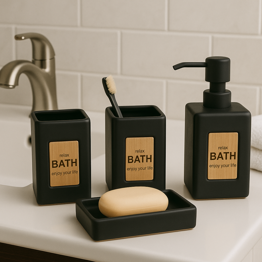 SET BAÑO JABONERA VASOS PORTA CEPILLO COMPLETO DISPENSADOR