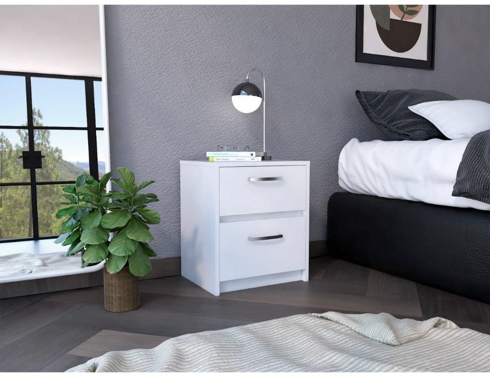 MESA DE NOCHE ELAXI, BLANCO, CON DOS CAJONES DESLIZABLES