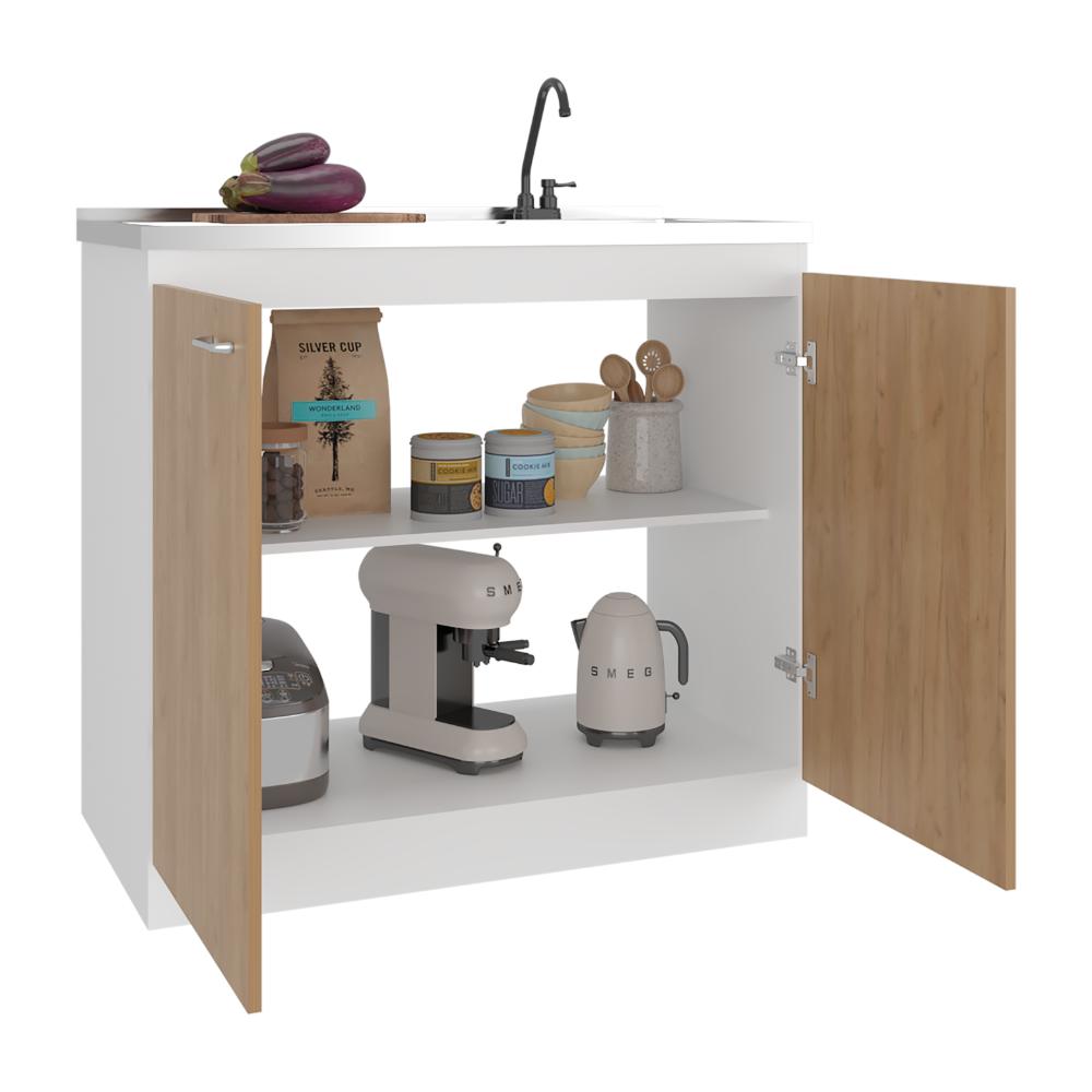 GABINETE INFERIOR CANTABRIA, KRONOS BLANCO Y FRESNO EUROPEO, CON DOS PUERTAS ABATIBLES- MESÓN DERECHO Y GRIFERÍA ZF