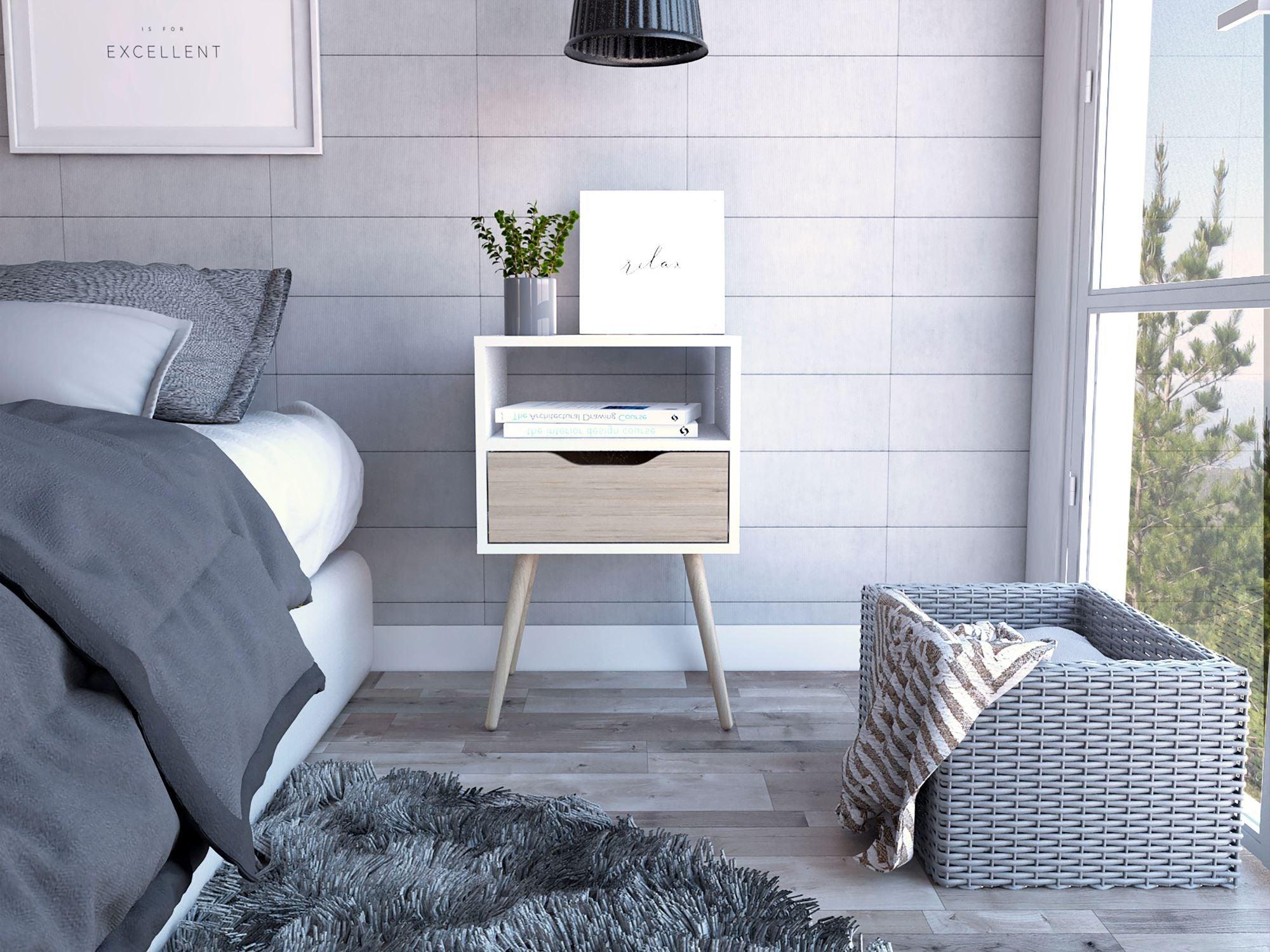 MESA DE NOCHE ALESIO, BLANCO Y BEIGE, CON PATAS CORTAS EN MADERA Y UN CAJÓN