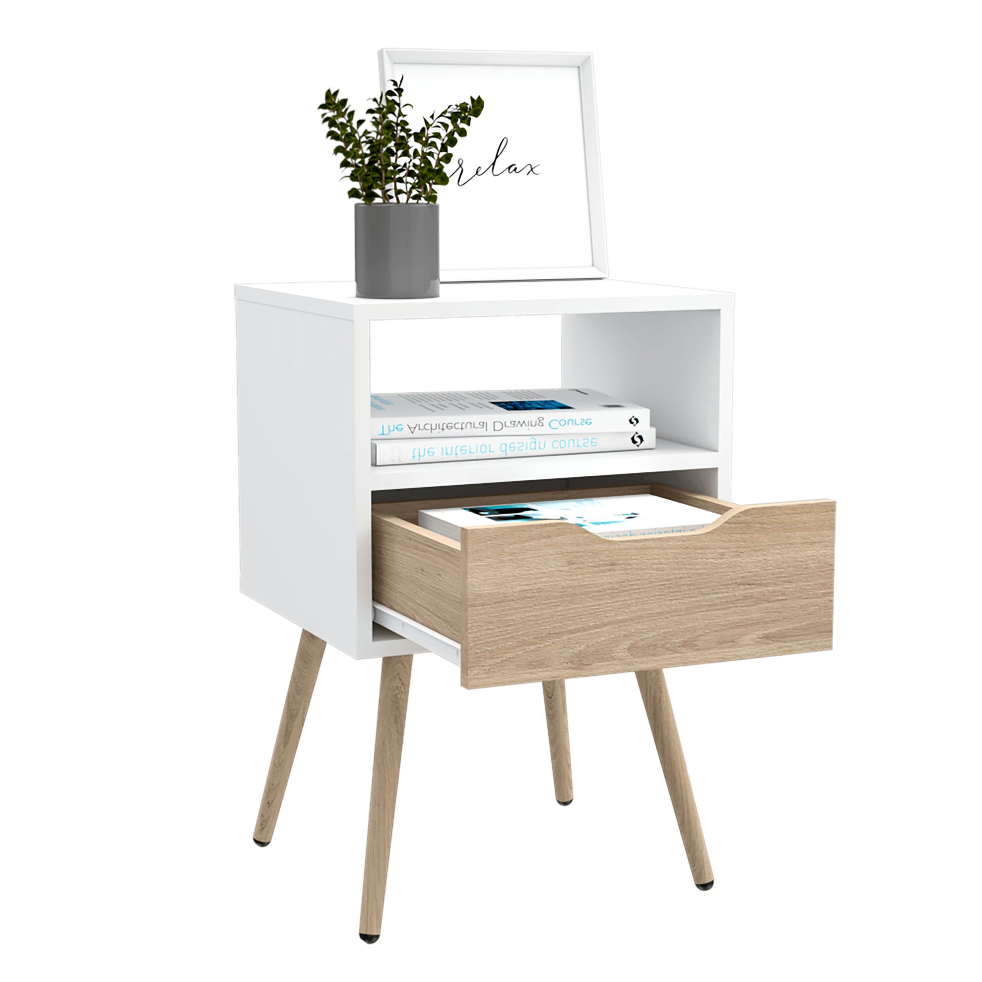 MESA DE NOCHE ALESIO, BLANCO Y BEIGE, CON PATAS CORTAS EN MADERA Y UN CAJÓN