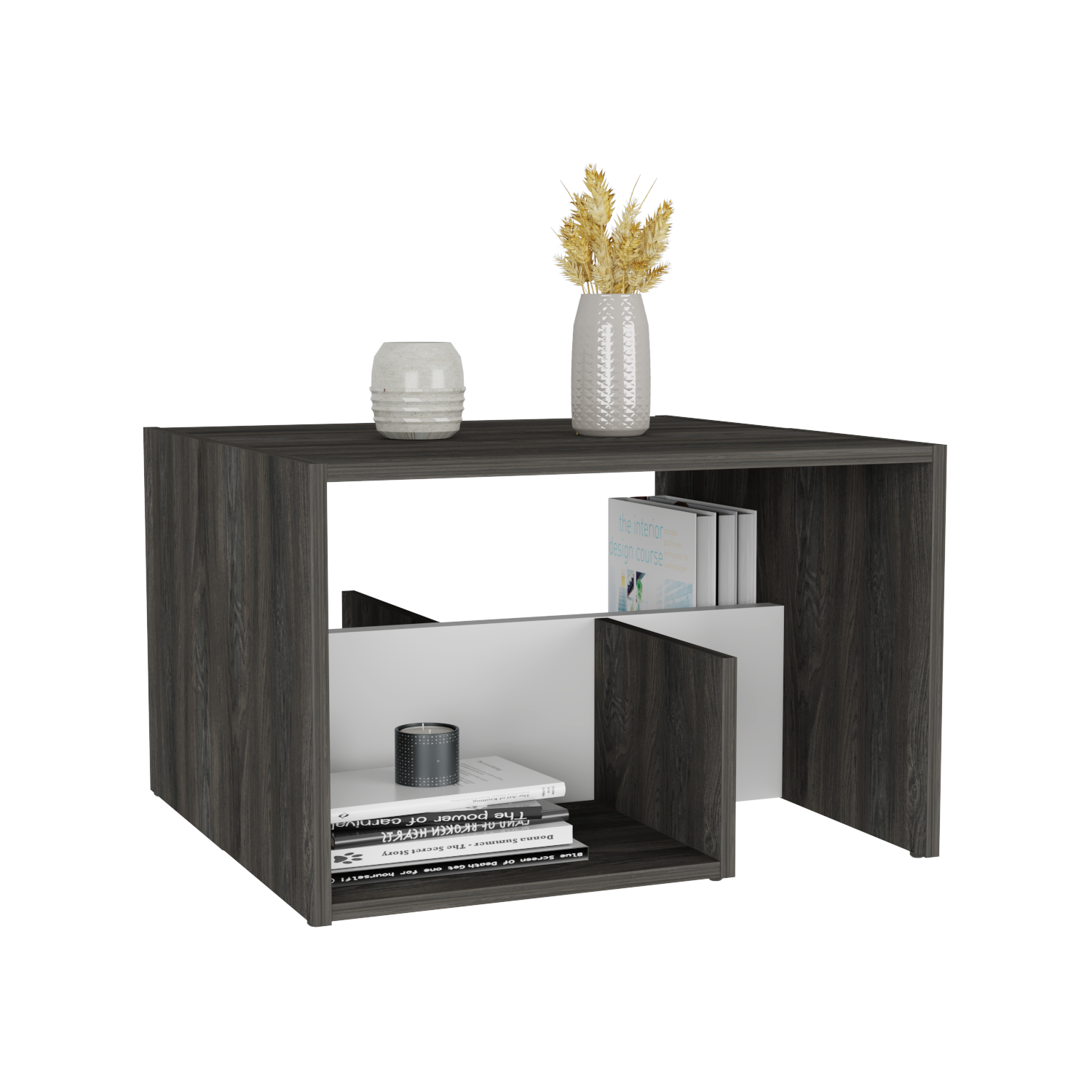 MESA DE CENTRO EVERT, GRAFITO Y BLANCO, CON DISEÑO MODERNO Y ESPACIO PARA UBICAR OBJETOS X2