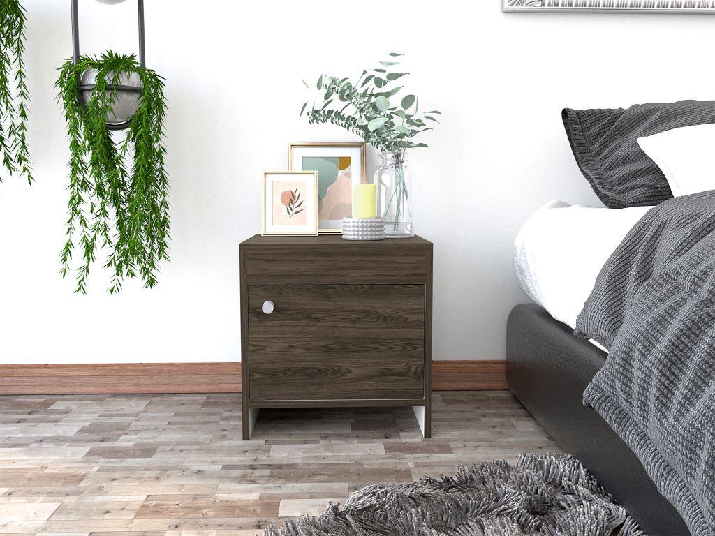 MESA DE NOCHE TUTTO, CHOCOLATE Y BLANCO, CON UN CAJÓN AMPLIO IDEAL PARA ESPACIOS PEQUEÑOS