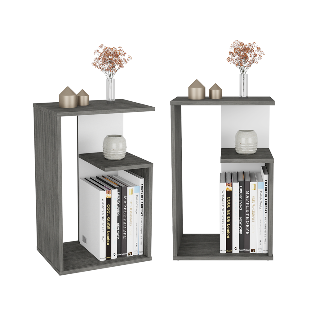 MESA DE NOCHE EVERT, ROBLE Y GRIS, CON DISEÑO MODERNO Y ESPACIO PARA UBICAR OBJETOS X2