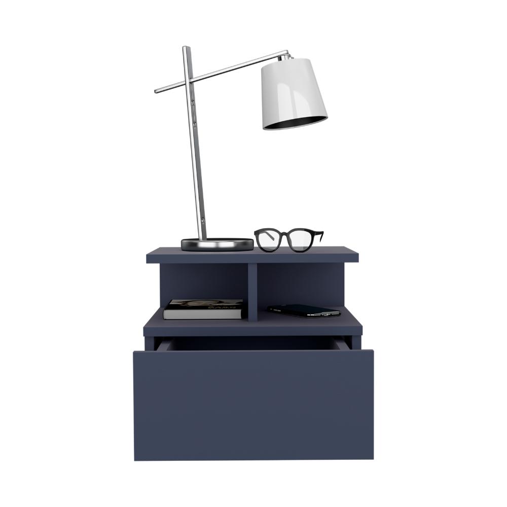 MESA DE NOCHE FLOTANTE NUBE, KRONOS AZUL, CON UN CAJÓN Y DIVISIÓN DE DOS ENTREPAÑOS