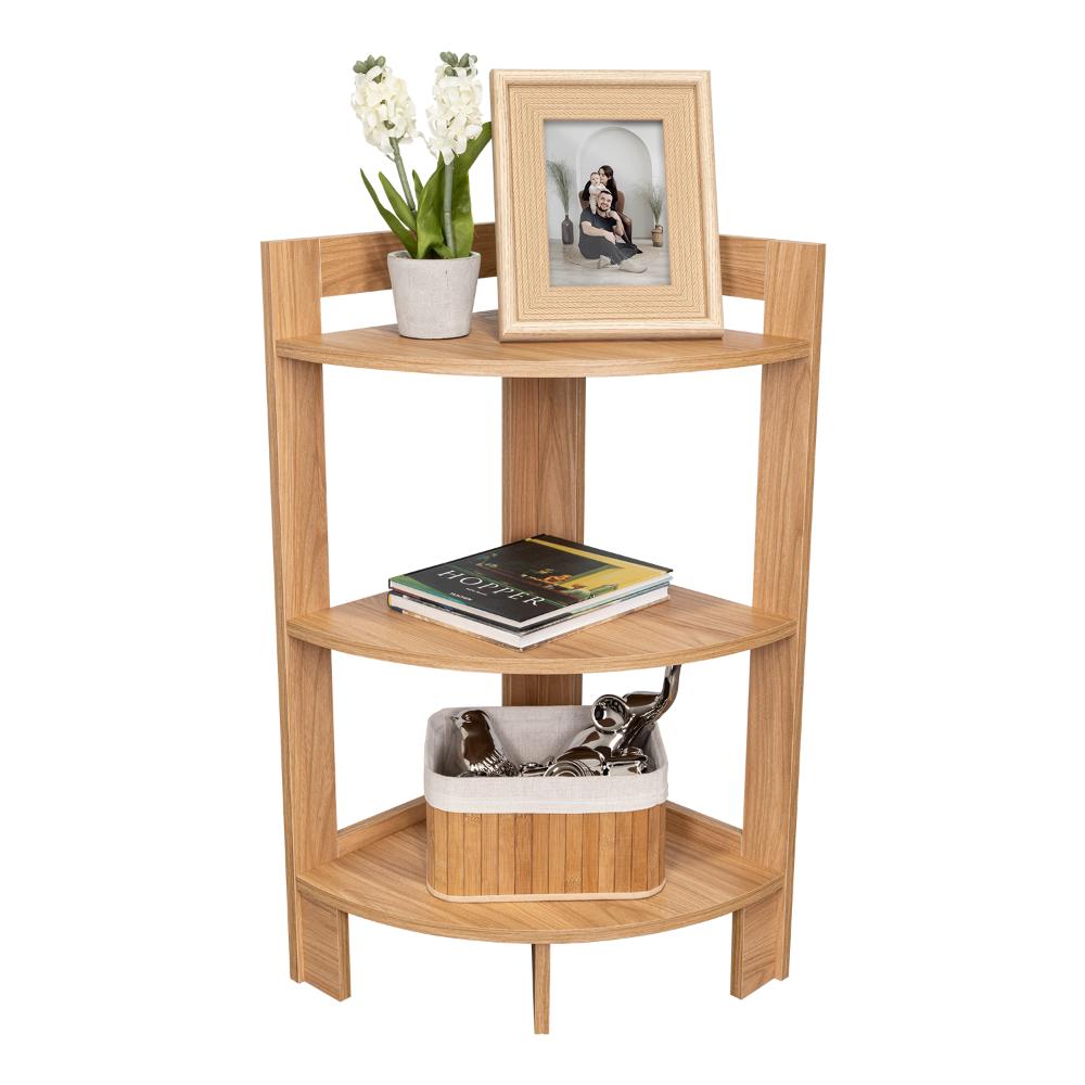 MESA AUXILIAR ESQUINERA ATHOS, FRESNO EUROPEO, CON TRES ENTREPAÑOS PARA DECORAR