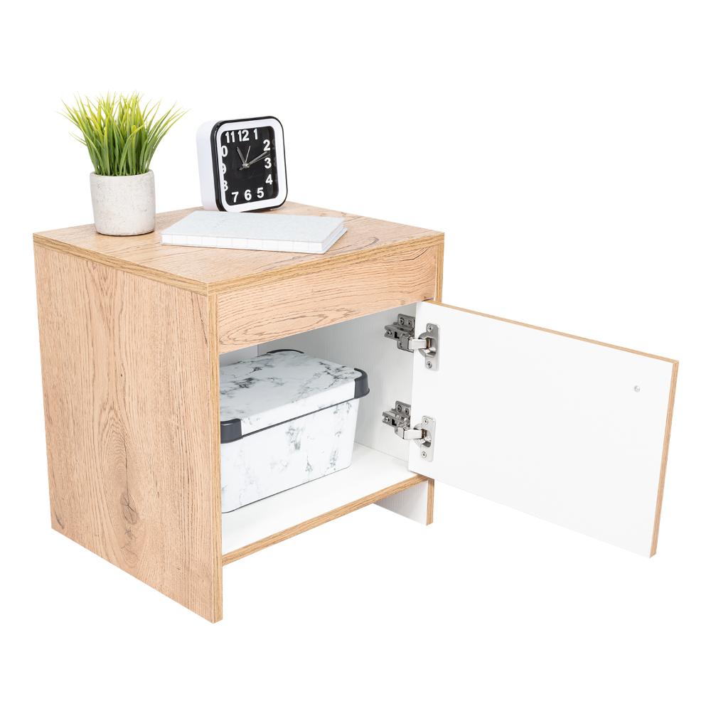 MESA DE NOCHE TUTTO, MACADAMIA Y BLANCO, CON CAJÓN PARA GUARDAR OBJETOS IDEAL PARA ESPACIOS REDUCIDOS