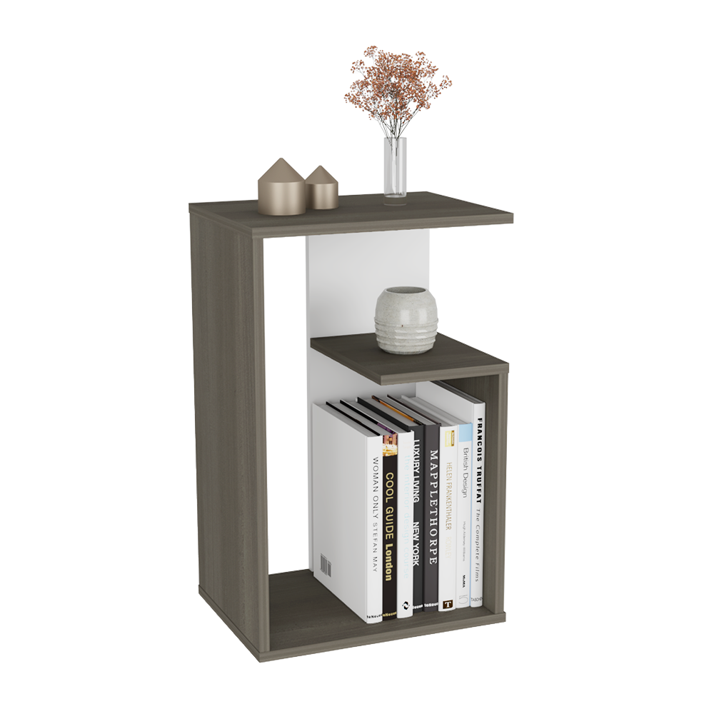 MESA DE NOCHE EVERT, CANELA Y BLANCO, CON DISEÑO MODERNO Y ESPACIO PARA UBICAR OBJETOS X2