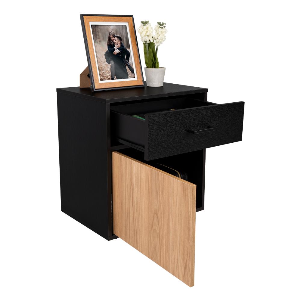 MESA DE NOCHE GRAYS, WENGUE Y FRESNO EUROPEO, CON UNA PUERTA Y CAJÓN