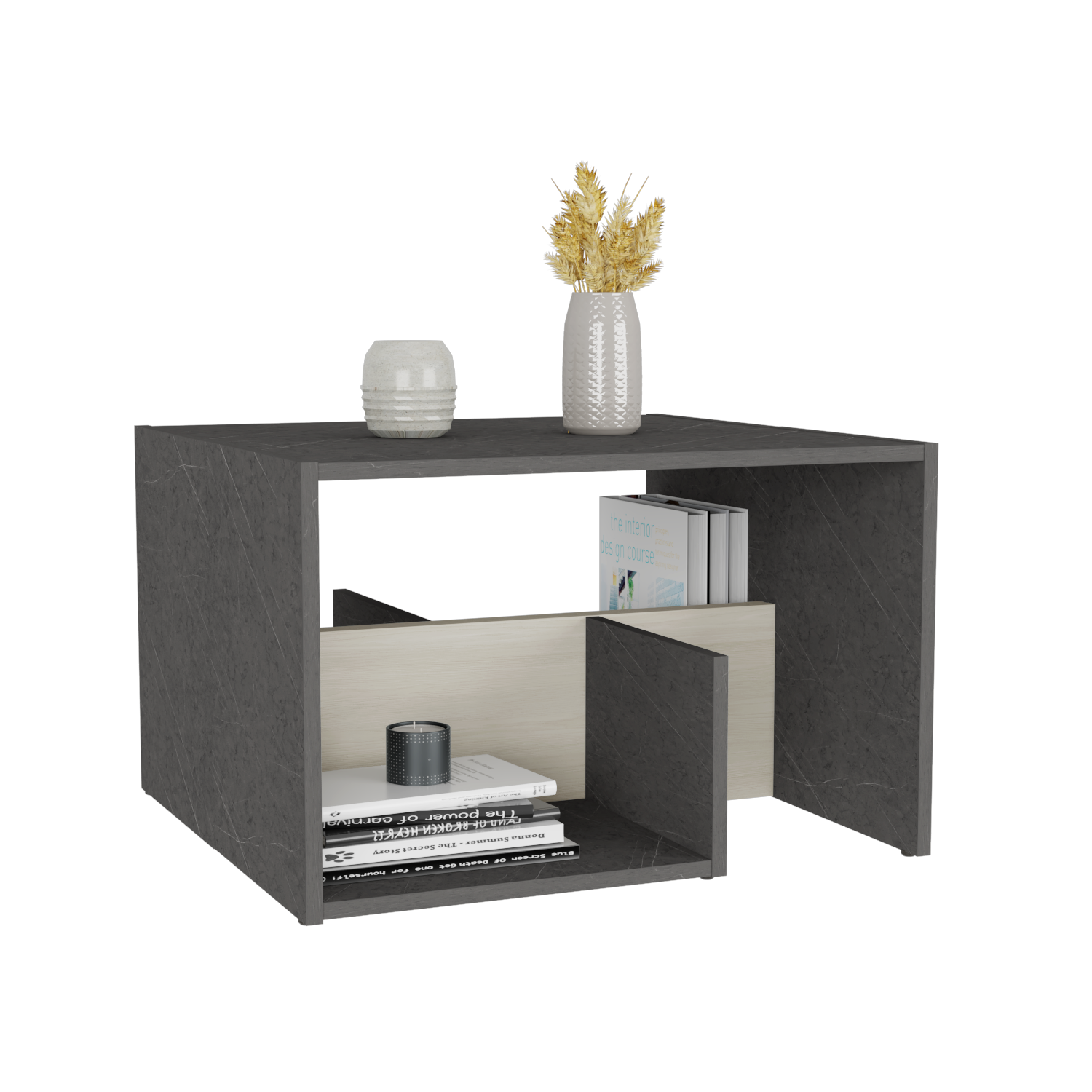 MESA DE CENTRO EVERT, PIEDRA Y NEVADO, CON DISEÑO MODERNO Y ESPACIO PARA UBICAR OBJETOS X2