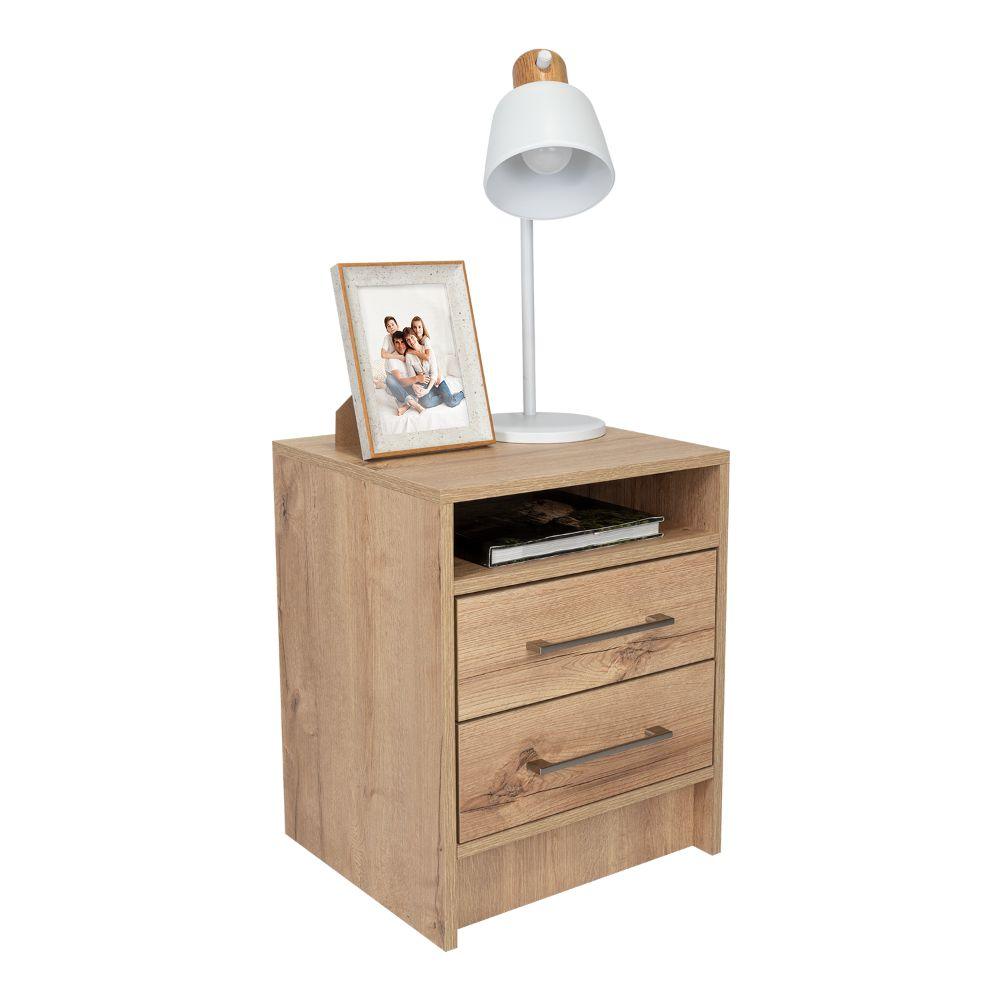 MESA DE NOCHE DOUGLAS, CAFÉ CLARO, CON UN ENTREPAÑO SUPERIOR Y DOS CAJONES ORGANIZADORES