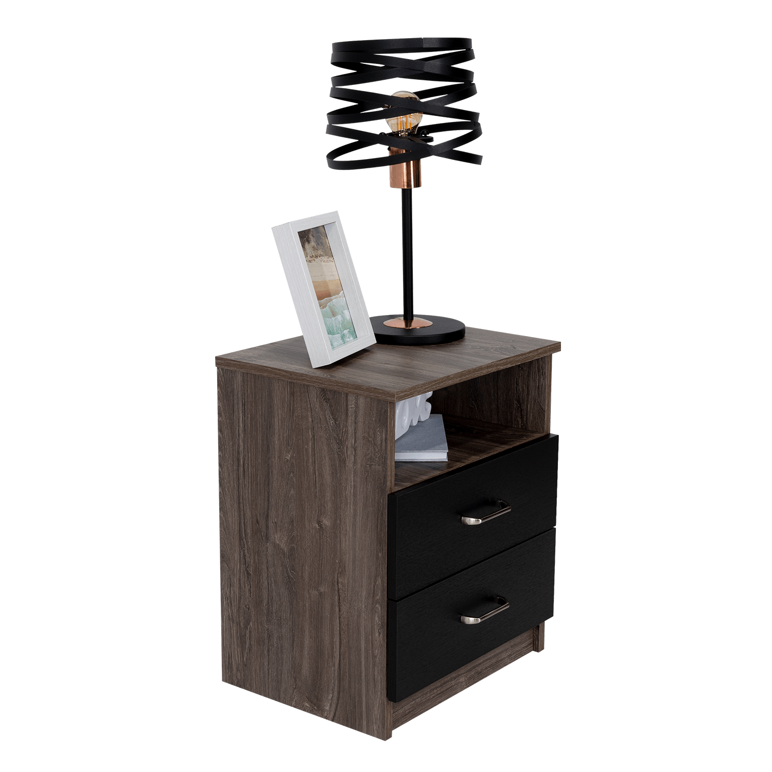 MESA DE NOCHE CANTABRIA, WENGUE, CON DOS CAJONES DESLIZABLES Y MANIJAS METÁLICAS X2