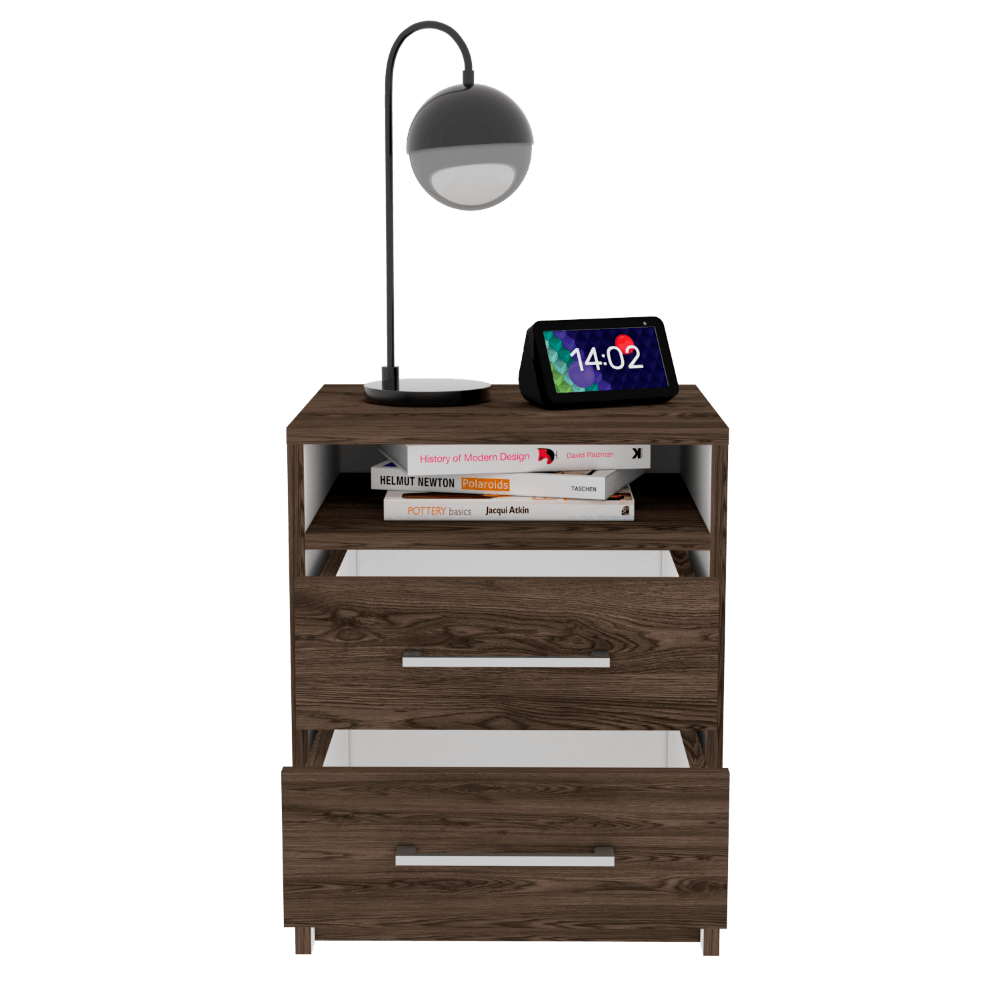 MESA DE NOCHE DOUGLAS, CHOCOLATE Y BLANCO, CON UN ENTREPAÑO SUPERIOR Y DOS CAJONES ORGANIZADORES