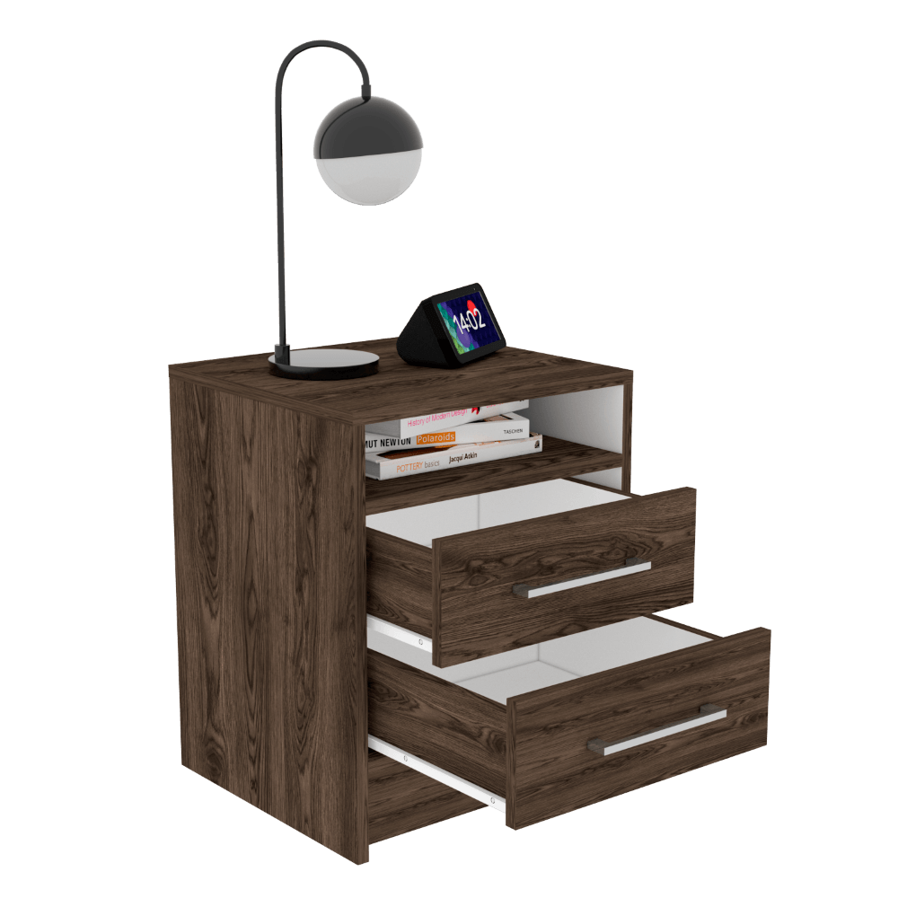 MESA DE NOCHE DOUGLAS, CHOCOLATE Y BLANCO, CON UN ENTREPAÑO SUPERIOR Y DOS CAJONES ORGANIZADORES