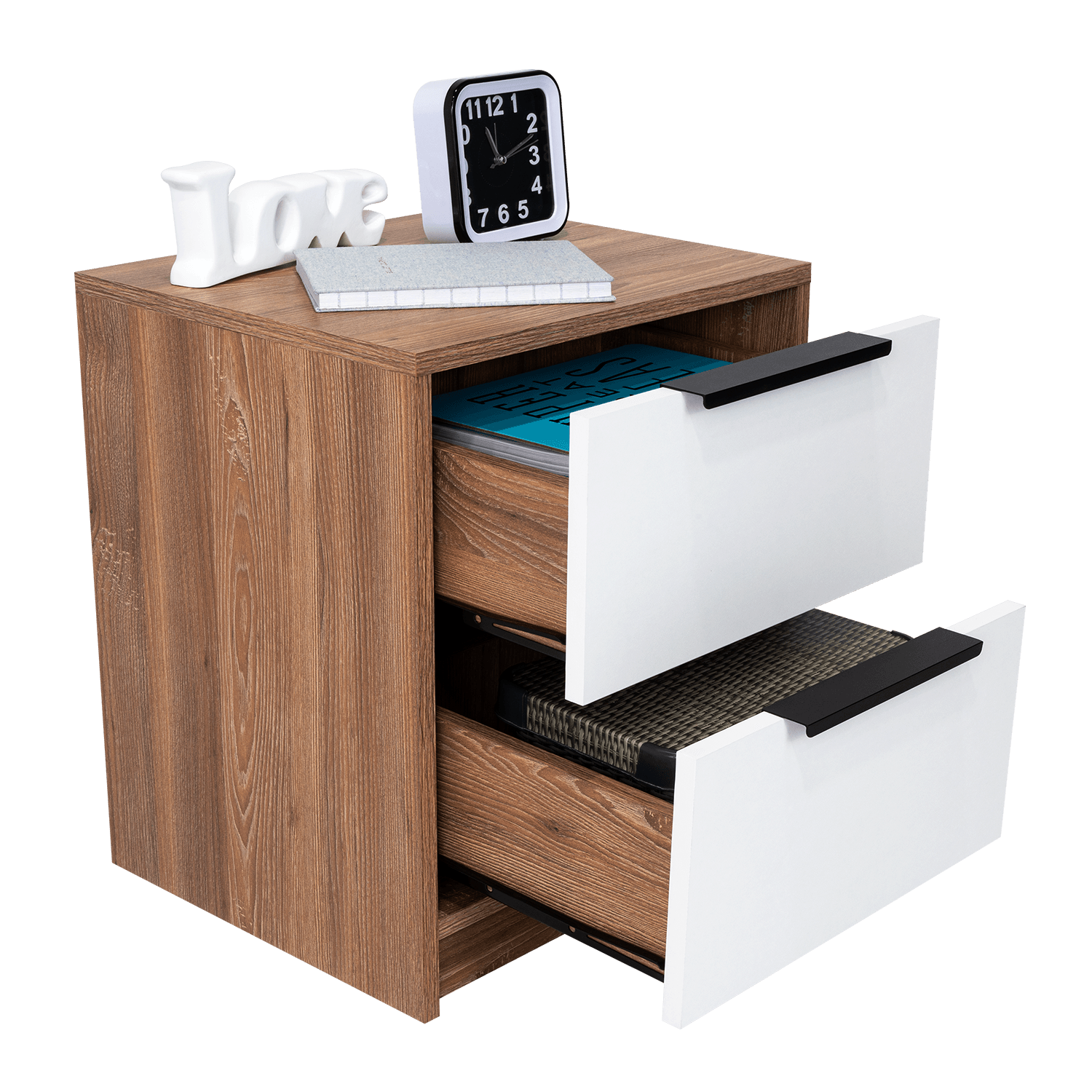 MESA DE NOCHE WESLEY, MIEL Y BLANCO, CON DOS CAJONES ORGANIZADORE