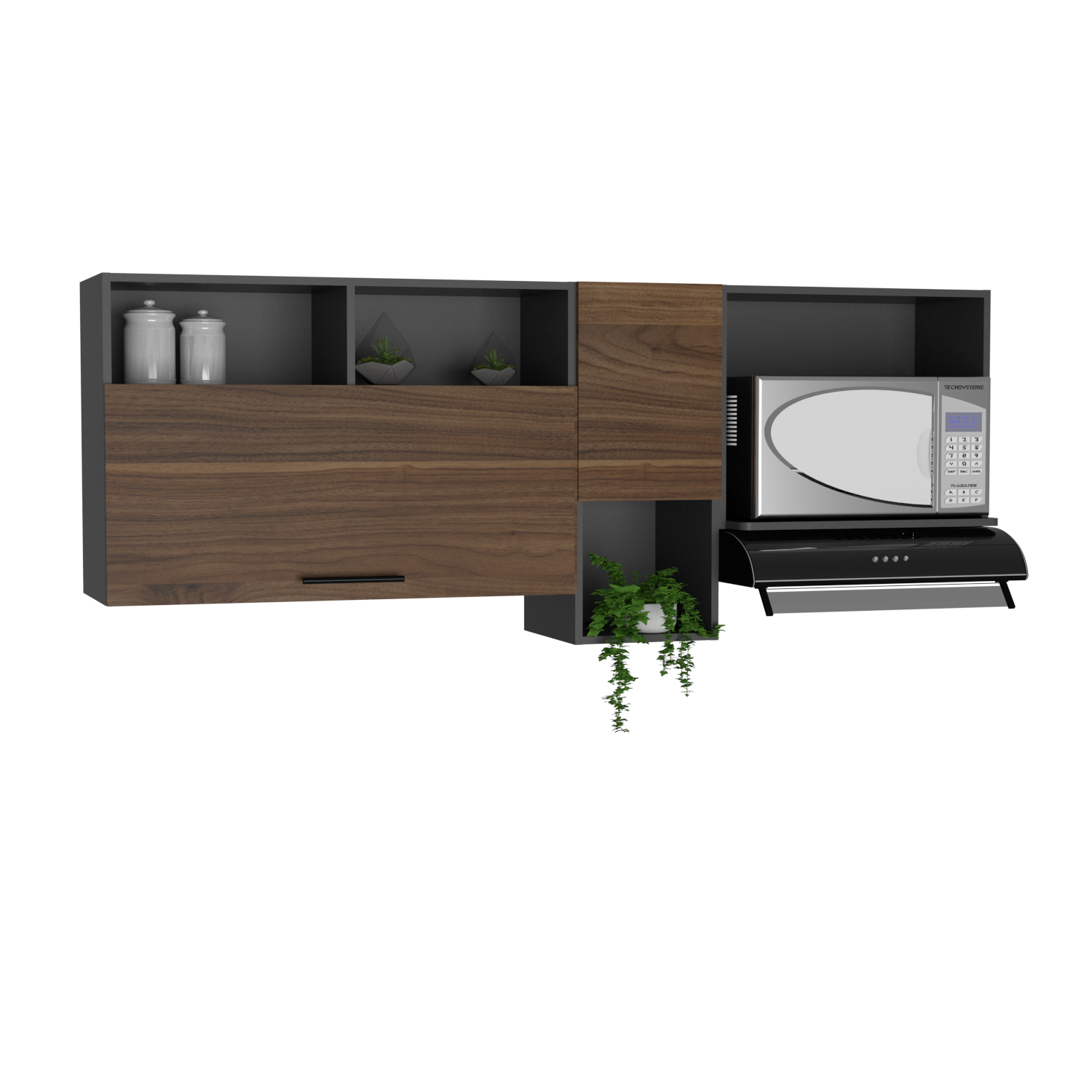 GABINETE SUPERIOR PRAGA, PLATA OSCURO Y CASTAÑO, CON ENTREPAÑO PARA MICROONDAS