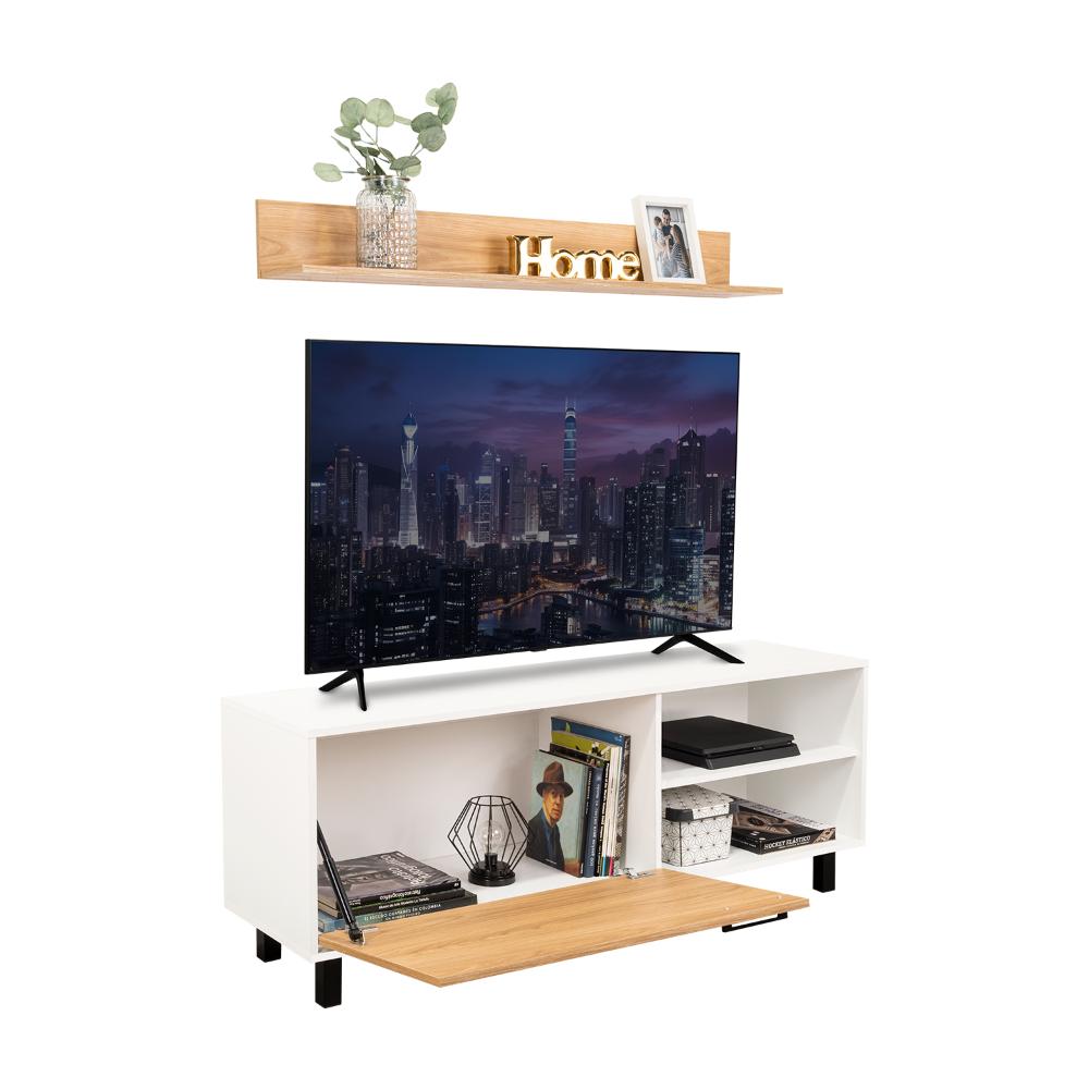 MESA PARA TV BRYCE, BLANCO DUQUEZA Y FRESNO EUROPEO, PARA TELEVISOR HASTA 60 PULGADAS
