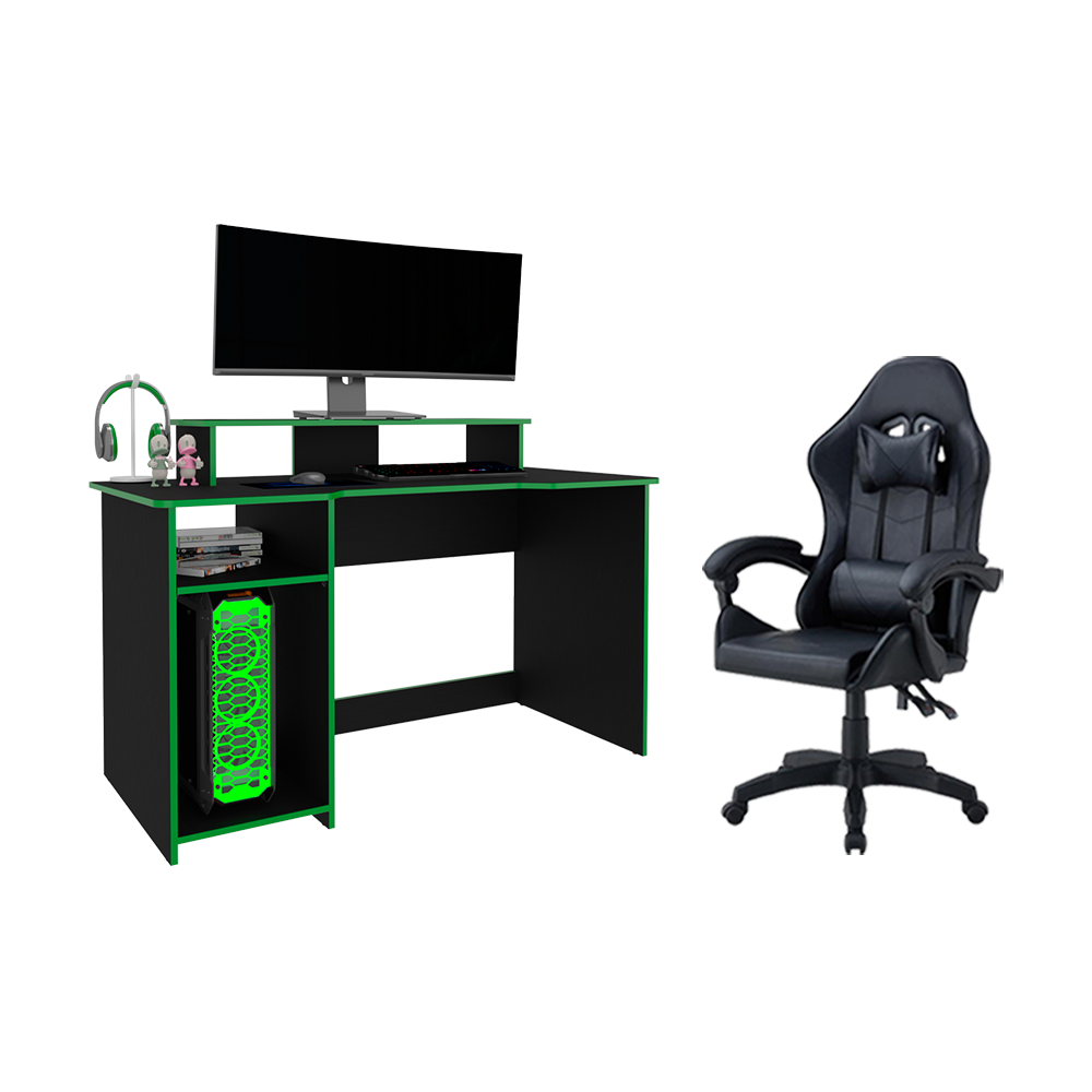 COMBO PARA OFICINA VINTEL, VERDE Y NEGRO, INCLUYE SILLA Y ESCRITORIO GAMER