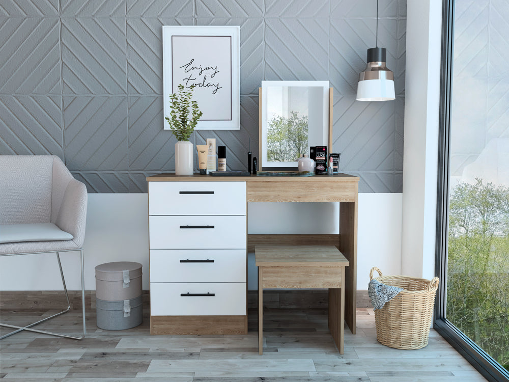 MUEBLE TOCADOR WESLEY, MIEL Y BLANCO, CUATRO CAJONES PARA UBICAR MAQUILLAJE