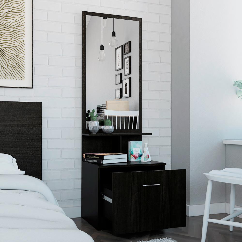 TOCADOR ZAHA, WENGUE, CON ESPEJO Y UN CAJÓN ORGANIZADOR