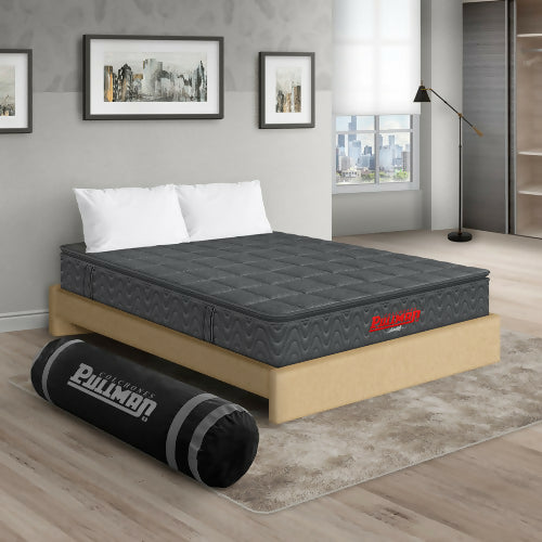 COLCHÓN ORTHOPACK BTU + BASE CAMA + ALMOHADA COLOR GRIS TELA COLOR BEIGE 140X190 DOBLE