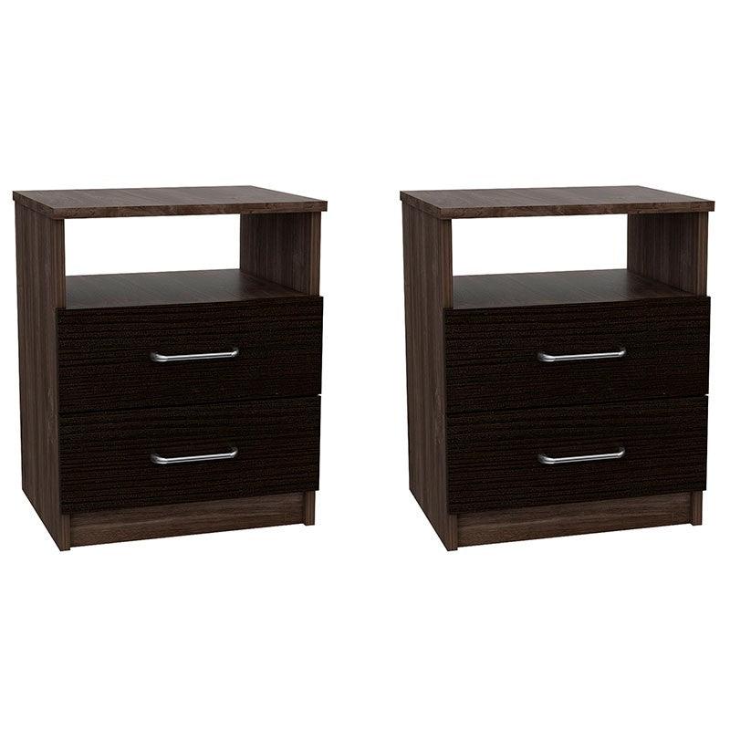 MESA DE NOCHE CANTABRIA, WENGUE, CON DOS CAJONES DESLIZABLES Y MANIJAS METÁLICAS X2