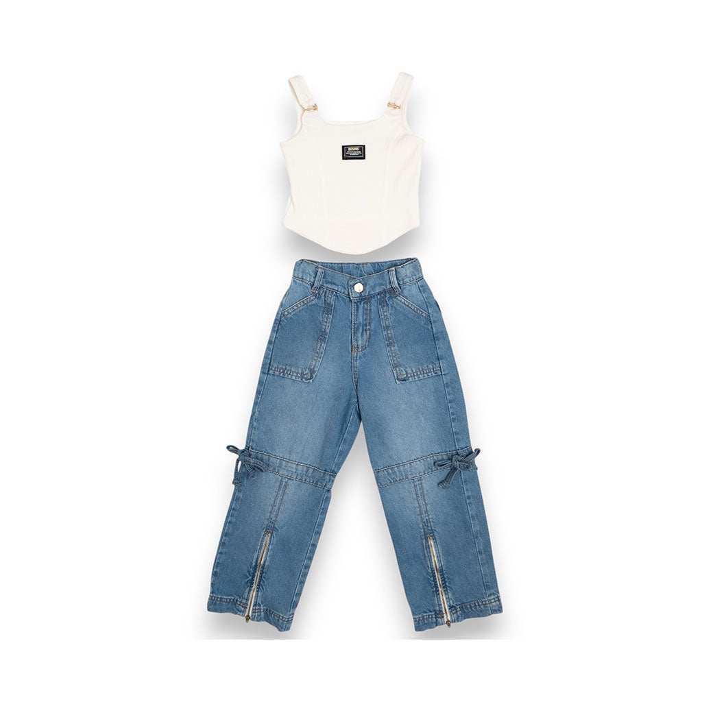 32994 CONJUNTO LIRA NIÑA JUNIOR - JEAN DENIM Y BLUSA RIB CON HERRAJE