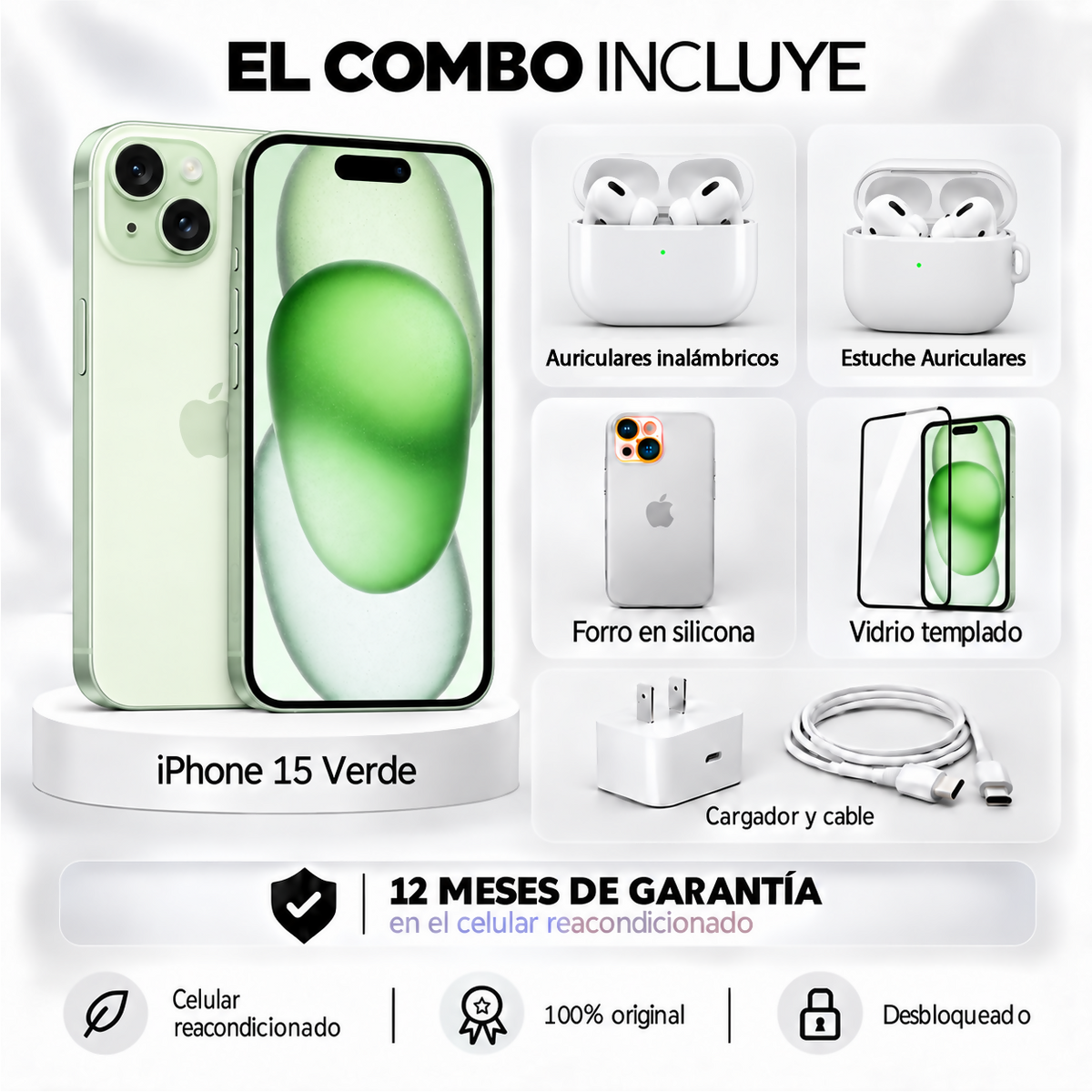 Celular Reacondicionado iPhone 15 128Gb Apple + Auriculares inalámbricos + Estuche + Forro space + Vidrio Templado + Cargador y Cable