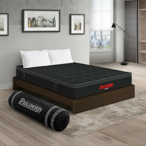 COLCHÓN ORTHOPACK BTU + BASE CAMA + ALMOHADA COLOR NEGRO TELA COLOR CAFE 160X190 QUEEN