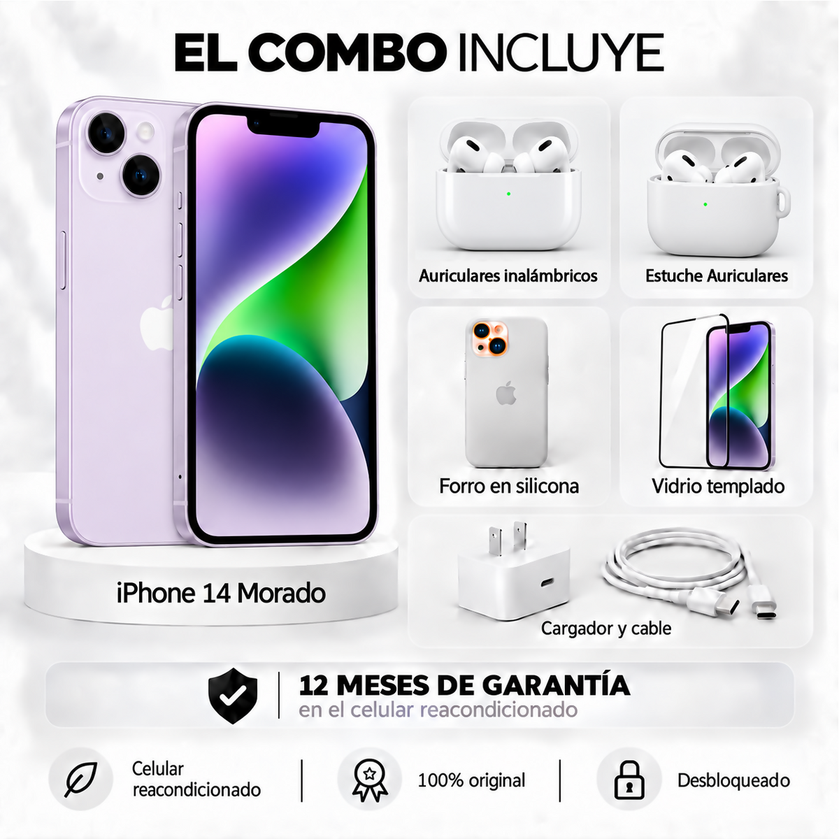 Celular Reacondicionado iPhone 14 128Gb Apple + Auriculares inalámbricos + Estuche + Forro space + Vidrio Templado + Cargador y Cable