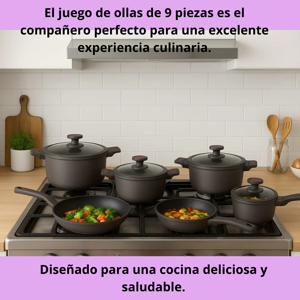 BATERÍA COCINA OLLAS 9 PIEZAS MÁRMOL ANTIADHERENTE PREMIUM GRIS
