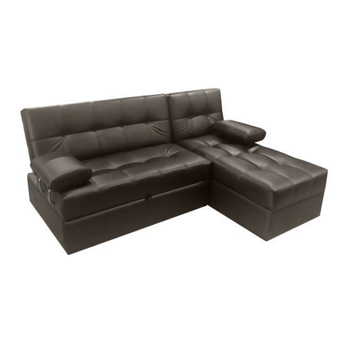SOFA CAMA ANGELA EN L CON BRAZOS CUERO SINTÉTICO CAFÉ