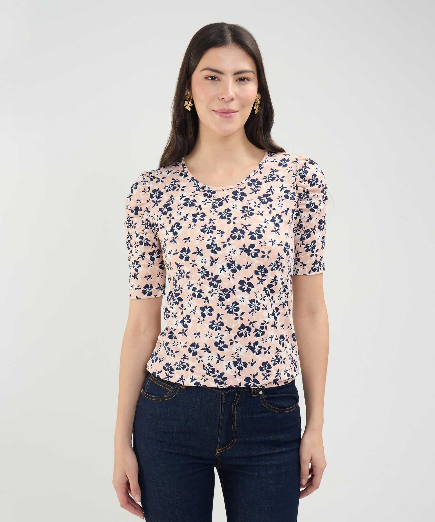 CAMISETA M/C CON RUCHE ESTAMPADA 30092947