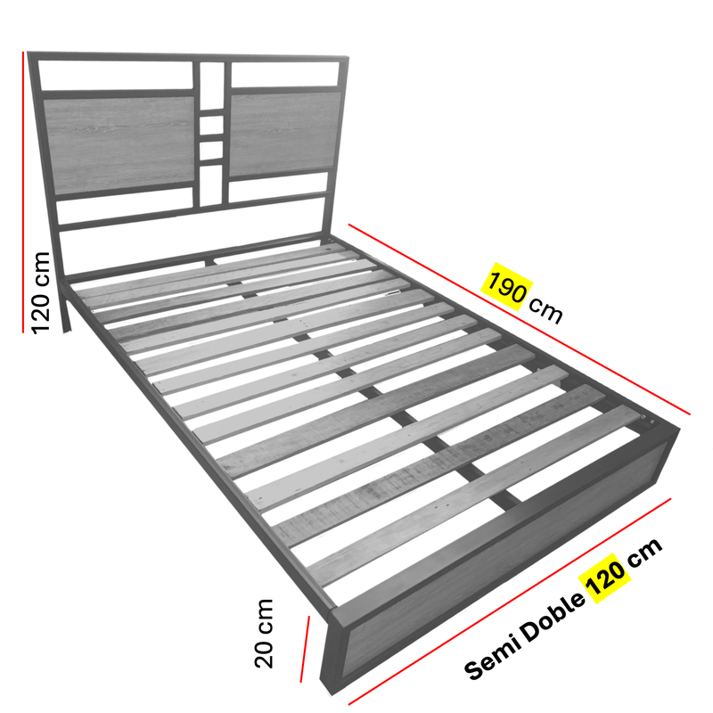 CAMA SEMIDOBLE METAL MADERA AMATISTA GRIS 120 X 190 X 24/GRIS