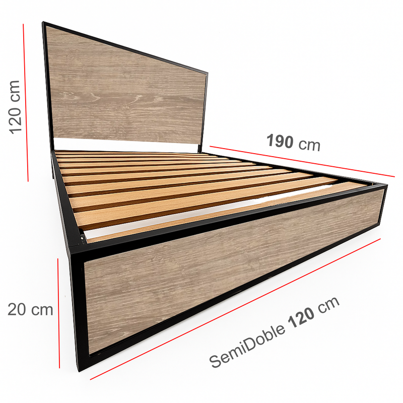 CAMA SEMIDOBLE METAL MADERA AGATA CAFE 120 X 190 X 24/CAFE