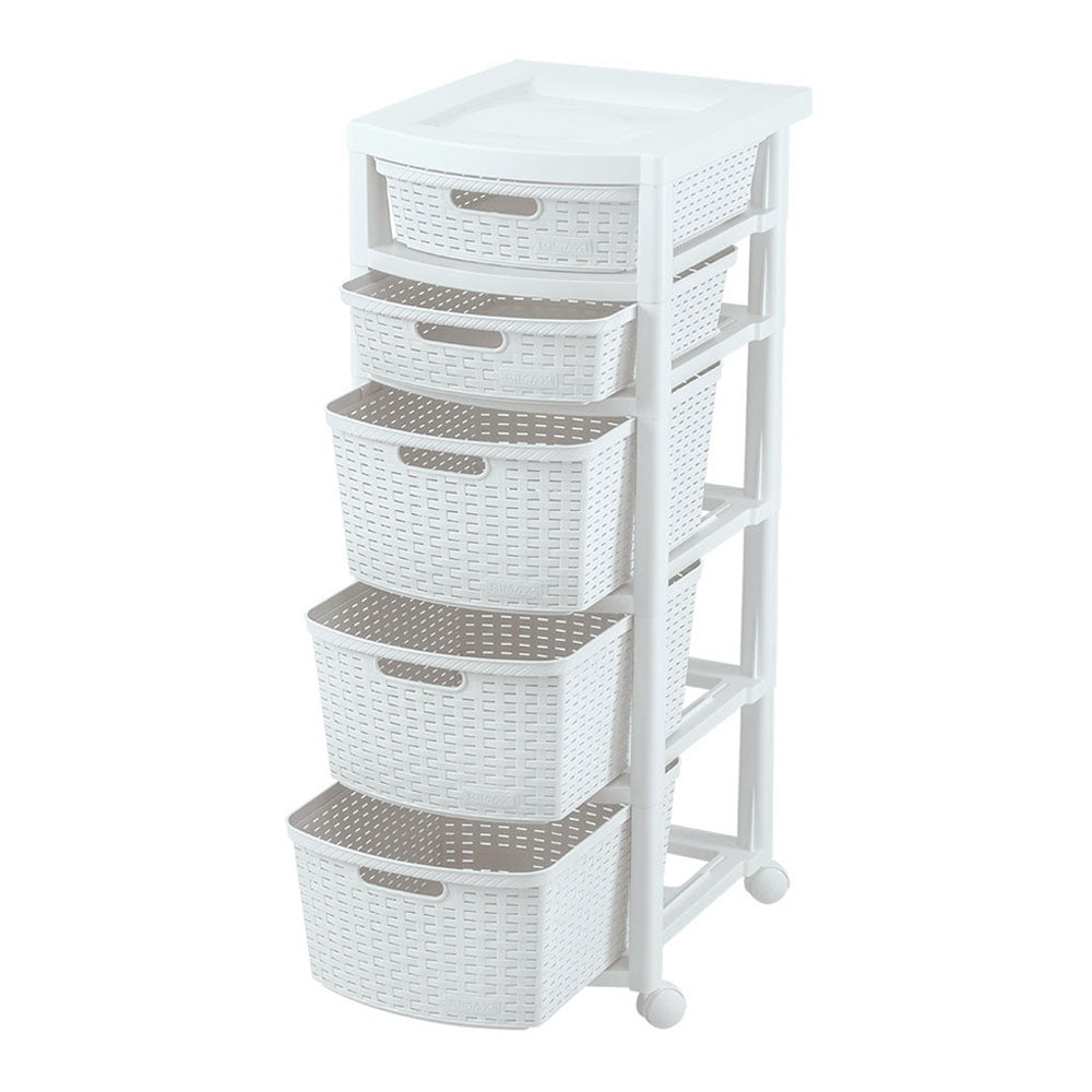 Cajonero Apariencia Rattan 2 Gavetas Bajas + 3 Gavetas Altas Blanco Nieve